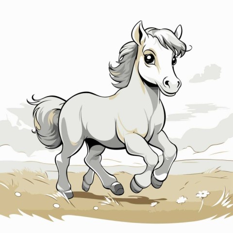 Vector illustration of a white horse running in the field. sketc