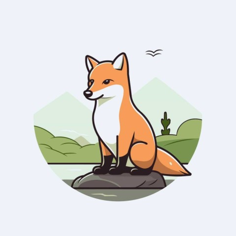 Cute fox sitting on the rock in the jungle. Vector illustration.