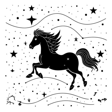 Black and white illustration of a horse with stars. Vector illus