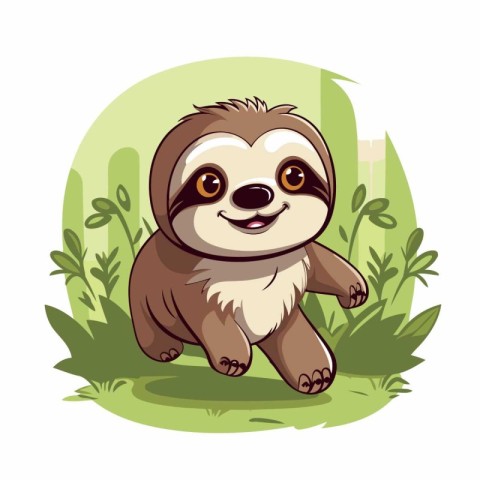 Cute cartoon sloth sitting on the grass. Vector illustration.