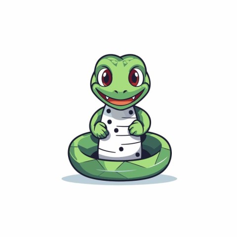 Cute green frog cartoon character sitting on lotus leaf. Vector