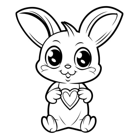 Cute Cartoon Bunny with Heart - Black and White Illustration. Ve