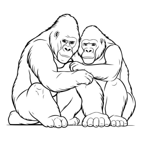 Gorilla and gorilla. Black and white illustration for coloring b