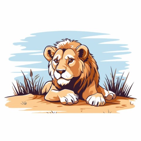 Lion lying on the sand. Vector illustration of a wild animal.