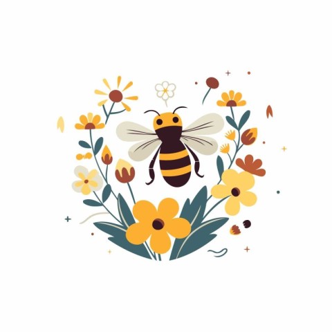 Vector illustration of a bee in a floral wreath with flowers.