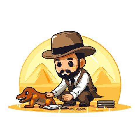 Gentleman and his dog in the desert. Vector illustration.