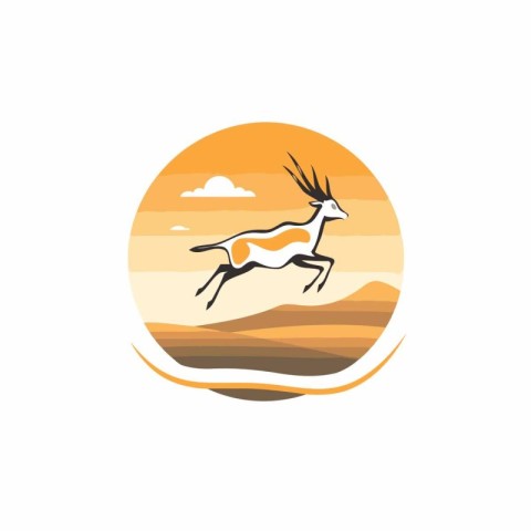 Deer logo template. Vector illustration of antelope on sunset ba