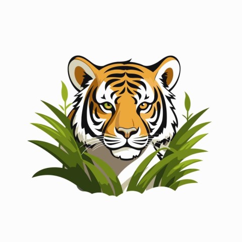 Tiger head with grass. Vector illustration. Isolated on white ba