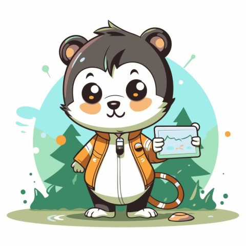 Cute cartoon raccoon with a card in his hands. Vector illustrati