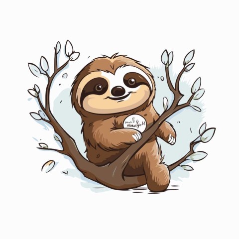 Cute cartoon sloth sitting on the tree. Vector illustration.