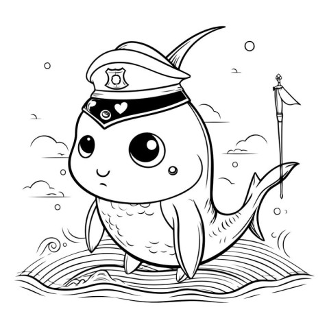 Black and White Cartoon Illustration of Cute Shark Captain Chara