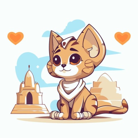 Cute cartoon kitten sitting on the background of the temple. Vec