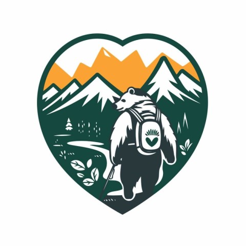 Hiking bear with a backpack in the mountains. Vector illustratio