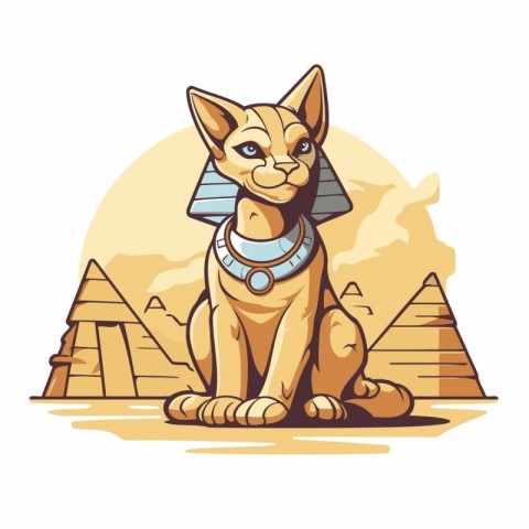 Egyptian Sphinx. Vector illustration of a cat in the desert.