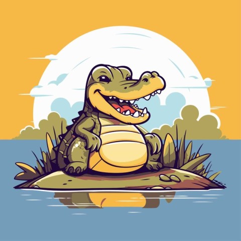 Cute crocodile on the island. Vector illustration in cartoon sty