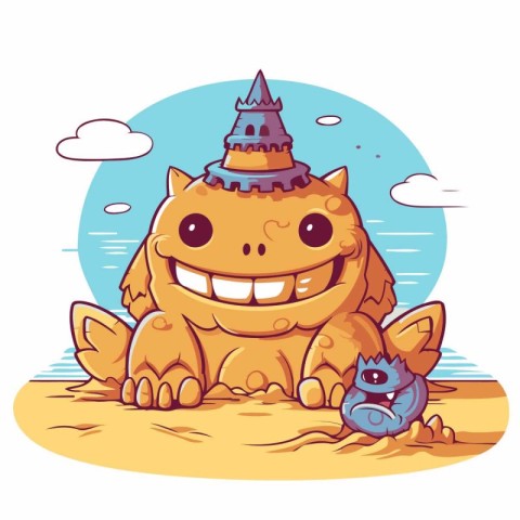 Illustration of a Cute Cartoon Monster on the Beach - Vector