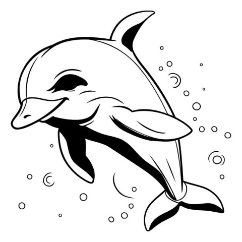 Dolphin swimming in the ocean. black and white vector illustrati