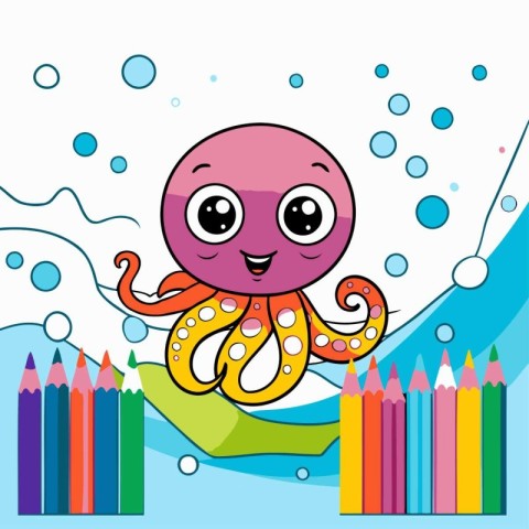 Cute cartoon octopus with colored pencils. Vector illustration.