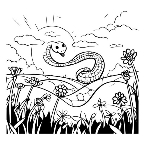 Cute cartoon snake in the meadow. Black and white vector illustr