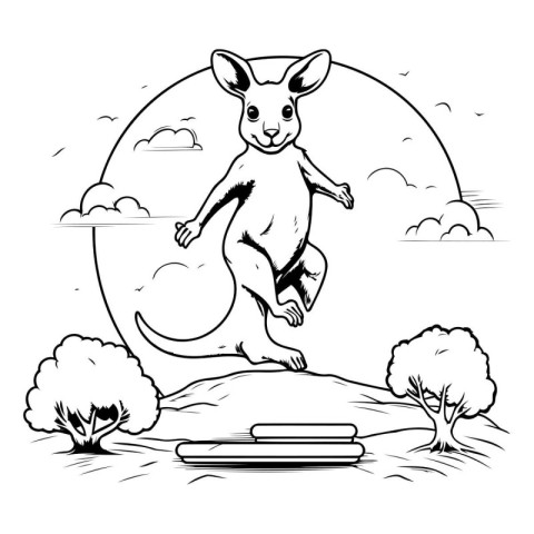 Kangaroo in the park. Vector illustration. Black and white.