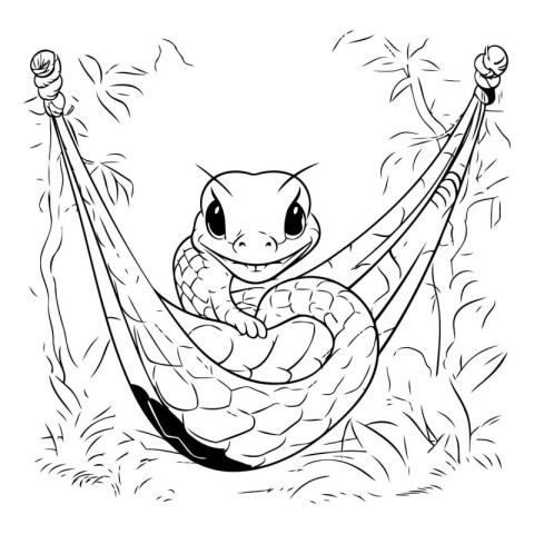 Cute snake in a hammock. Vector illustration for coloring book