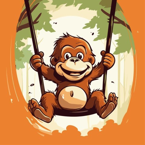 Orangutan on a swing in the jungle. Vector illustration.