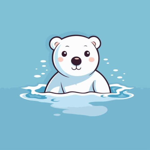 Cute cartoon polar bear swimming in the water. Vector illustrati