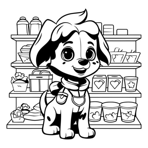 Vector illustration of Cartoon dog in grocery store. Black and w