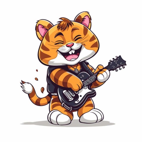 Cartoon tiger playing the guitar. Vector illustration on white b