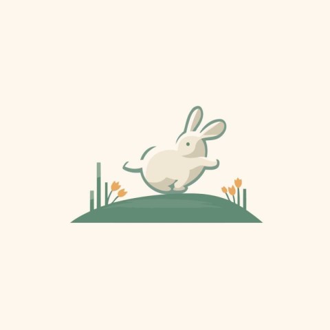 Cute rabbit in the field. Vector illustration in flat style.