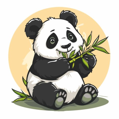 Cute cartoon panda sitting with bamboo branch. Vector illustrati