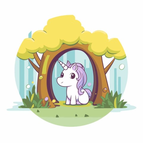 Cute cartoon unicorn in the park. Vector illustration of a cute