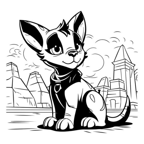 Cute cartoon chihuahua in the city. Vector illustration.