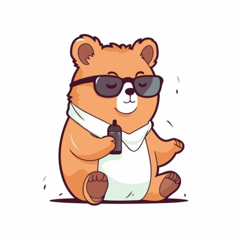 Cute cartoon bear in sunglasses with a bottle of water. Vector i