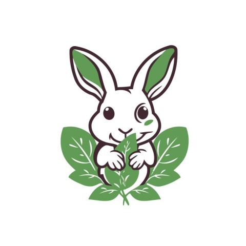 Rabbit with green leaves. Vector illustration on a white backgro