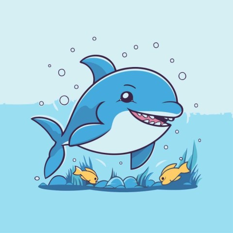 Cute cartoon shark jumping out of the water. Vector illustration