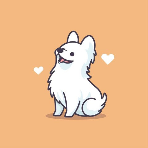 Cute cartoon white spitz dog with hearts. Vector illustration.