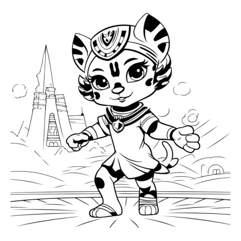 Cute little girl in tiger costume. Vector illustration for color