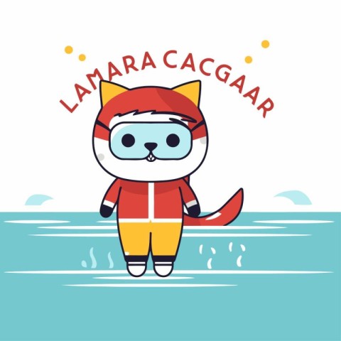 Cute cartoon cat in a diving suit on the beach. Vector illustrat