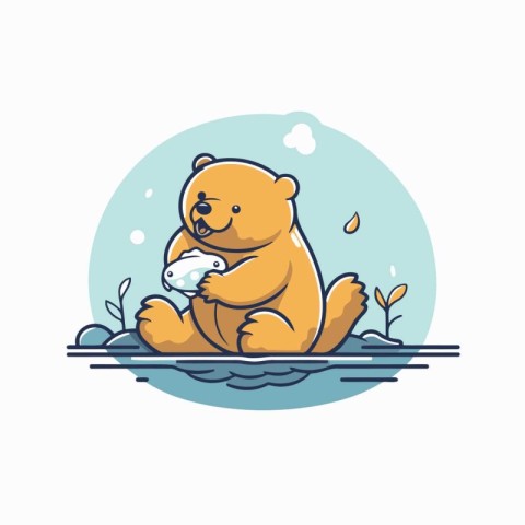 Cute teddy bear sitting on the river bank. Vector illustration.