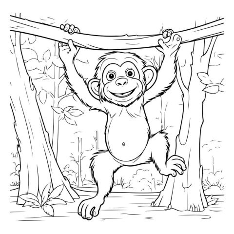 Monkey climbing up the tree. Black and white vector illustration