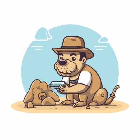 Vector illustration of a dog in a hat sitting on the sand.