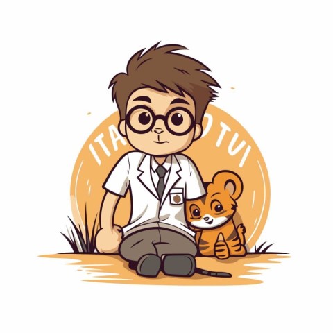 Vector illustration of a cartoon boy in glasses and with a cat.