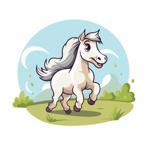 Cute white pony standing on the grass. Cartoon vector illustrati