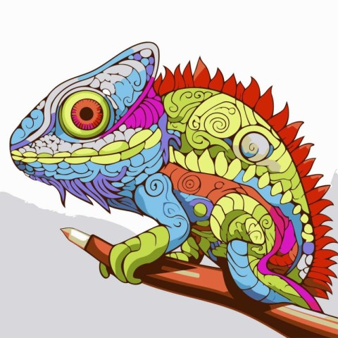 Colorful chameleon sitting on a branch. Vector illustration.