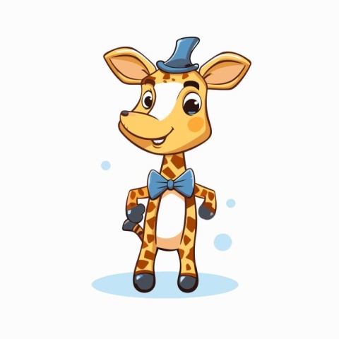 Cute cartoon giraffe with hat and bow tie. Vector illustration.