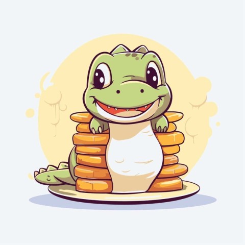 Cute crocodile with a stack of pancakes. Vector illustration.