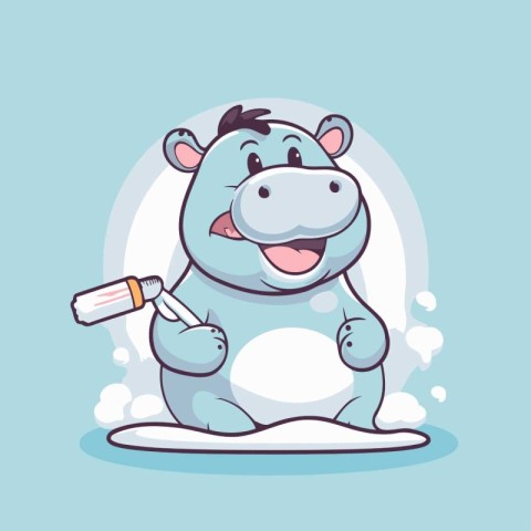 Hippo with a paint roller. Cute cartoon vector illustration.