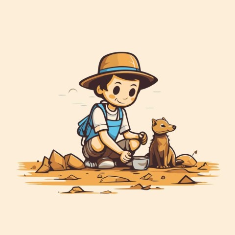 Illustration of a boy playing with his dog on the beach.