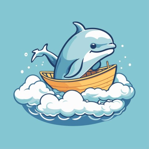 Cartoon dolphin in the boat. Vector illustration of a cute carto